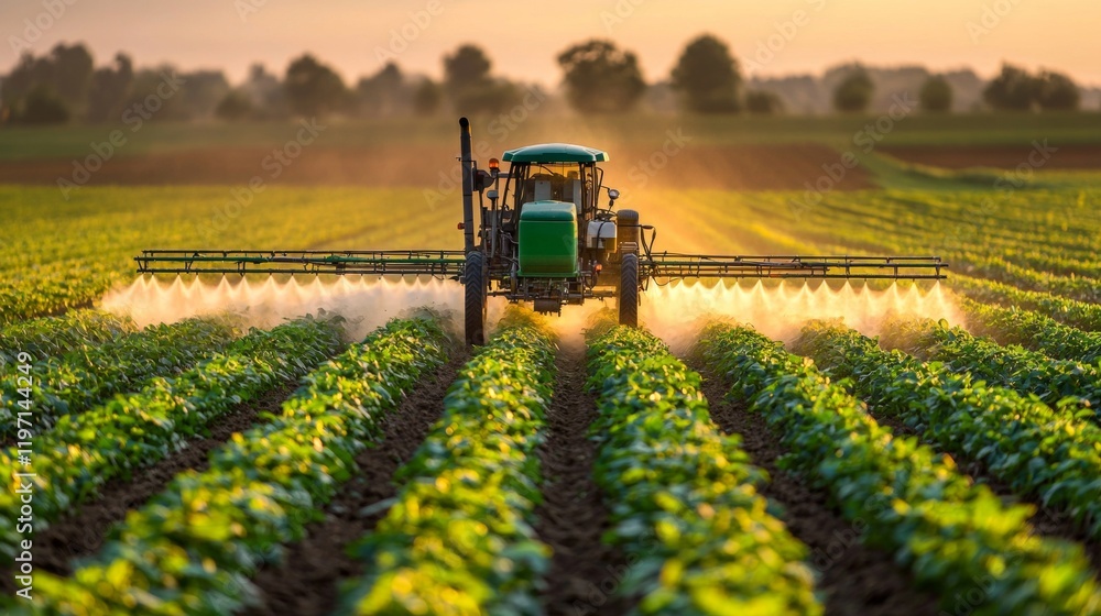 Tractor Spraying Crops in Golden Hour Sunlight Tractor Spraying Crops in Golden Hour Sunlight