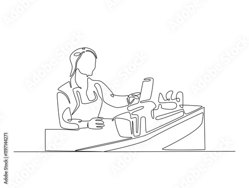 Continuous one line drawing of seller cashier of the strore. Female cashier of supermarket waiting customers illustration. Editable vector.