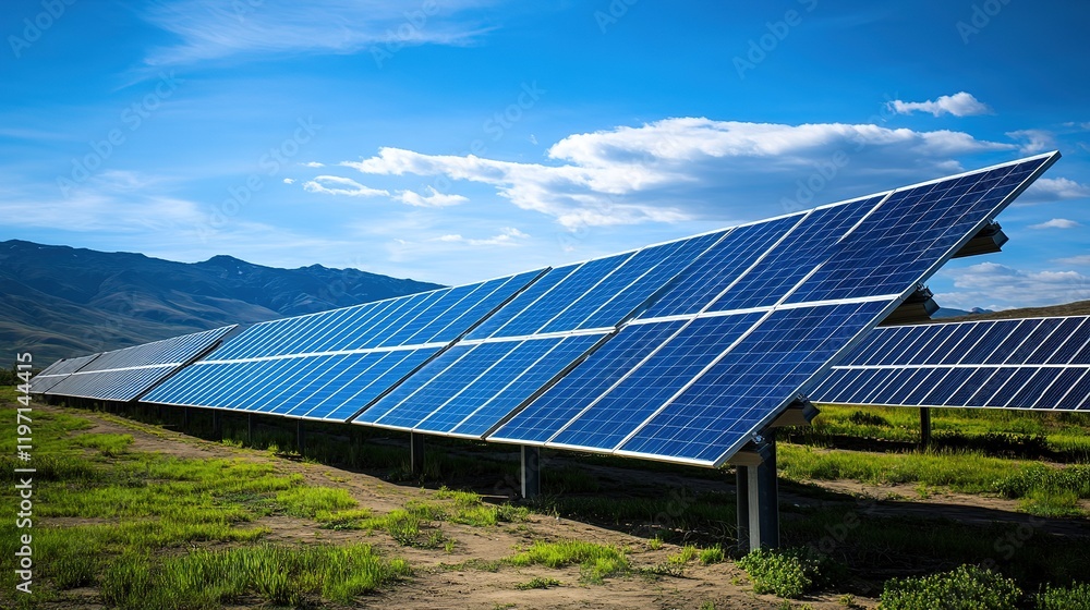 A solar power plant with rows of solar panels absorbing sunlight. A solar power plant with rows of solar panels absorbing sunlight.