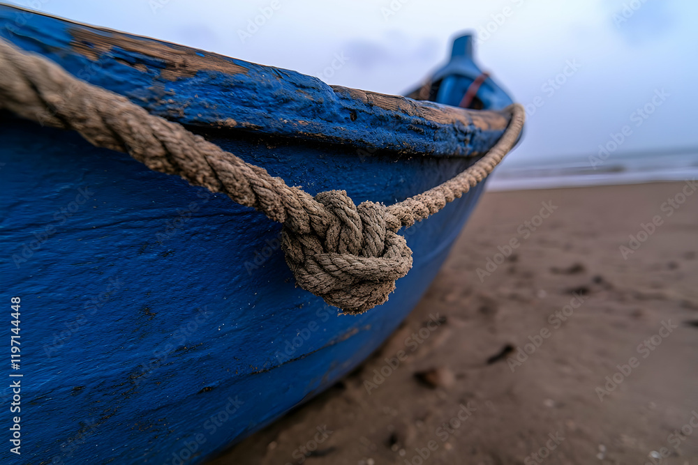 Fototapeta premium Blue Boat on Sandy Beach Photo