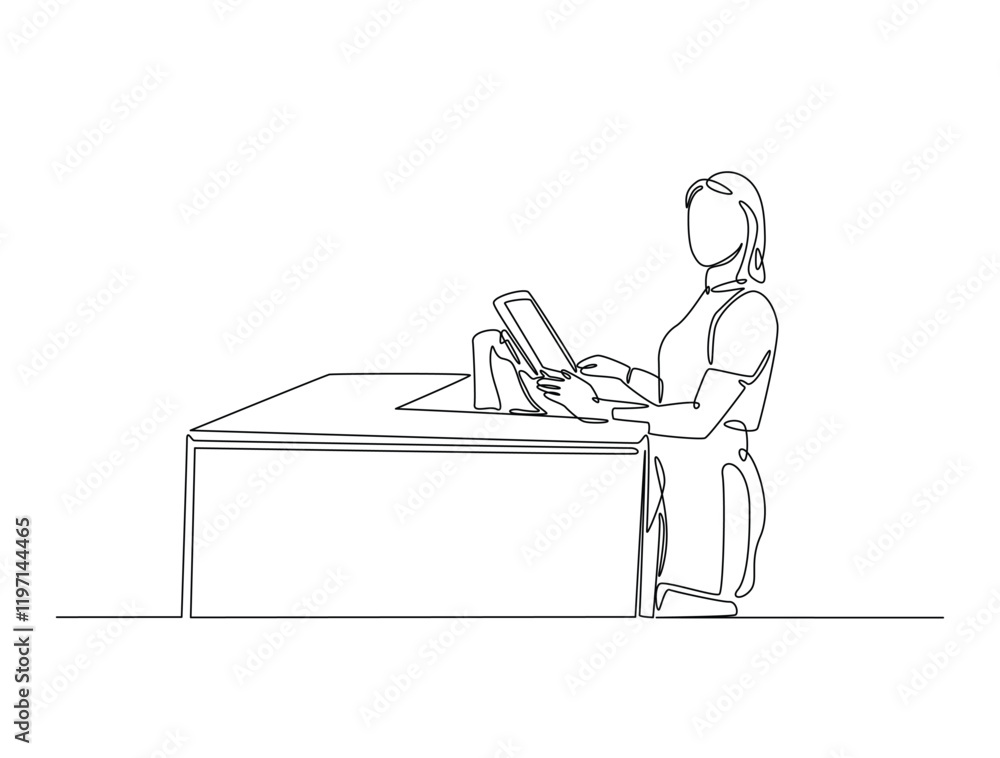 Continuous one line drawing of seller cashier of the strore. Female cashier of supermarket waiting customers illustration. Editable vector. Continuous one line drawing of seller cashier of the strore. Female cashier of supermarket waiting customers illustration. Editable vector.