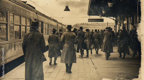 A weathered snapshot of a bustling train station in the 1940s, showing people in trench coats and fedoras