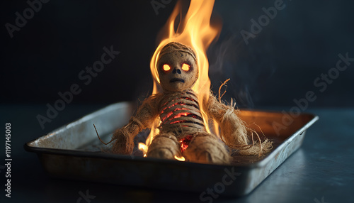 Voodoo doll burning in metal tray on dark background. Curse ceremony photo