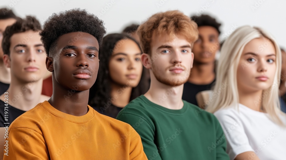 group of young adults sits together in a classroom, attentively focused on a speaker. students display a variety of hairstyles and clothing styles, showcasing diversity group of young adults sits together in a classroom, attentively focused on a speaker. students display a variety of hairstyles and clothing styles, showcasing diversity