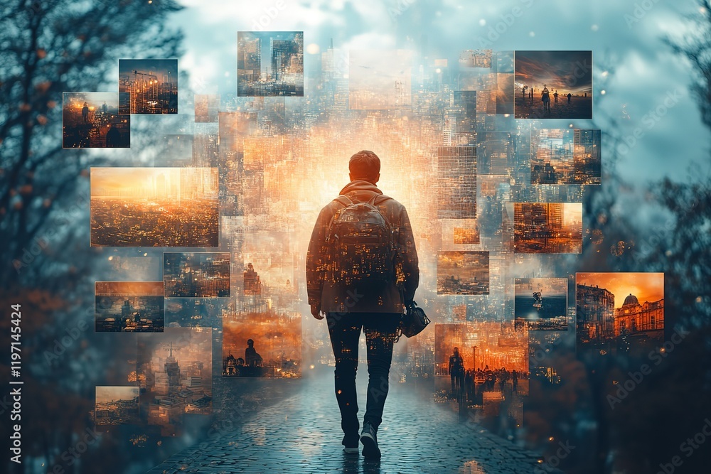 Fototapeta premium Person walking towards a city skyline composed of overlapping images.