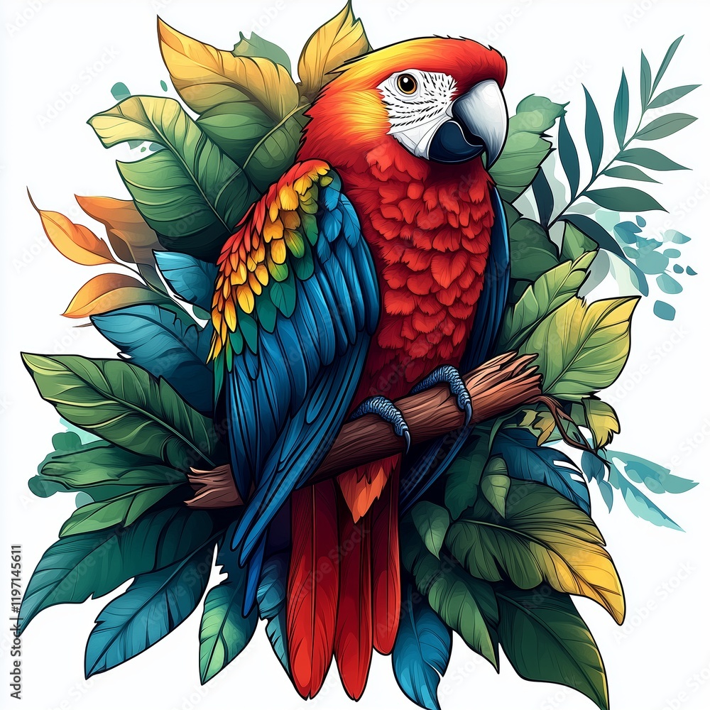 Obraz premium Colorful macaw perched among vibrant tropical leaves in lush setting