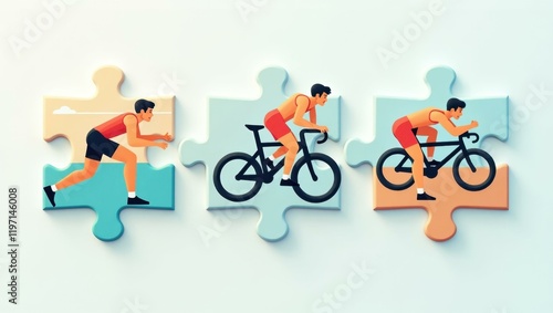 Athlete man running cycling mountain biking on puzzle pieces, sports fitness training concept, active lifestyle background with pastel colors and abstract shapes for healthy living promotion