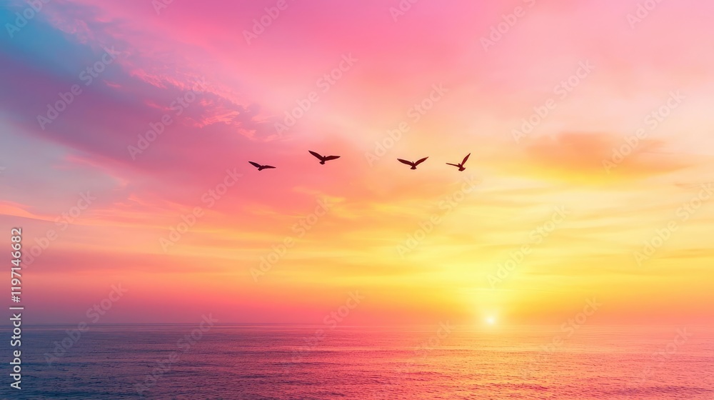 Fototapeta premium Small flock of birds flying in formation over the calm ocean during a vibrant pink and orange sunset.