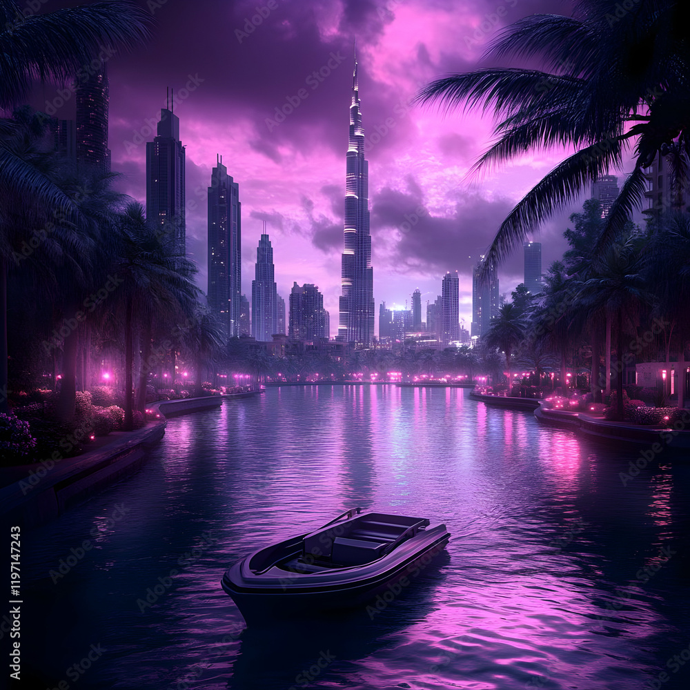Obraz premium Purple Cityscape Boat 3D Illustration