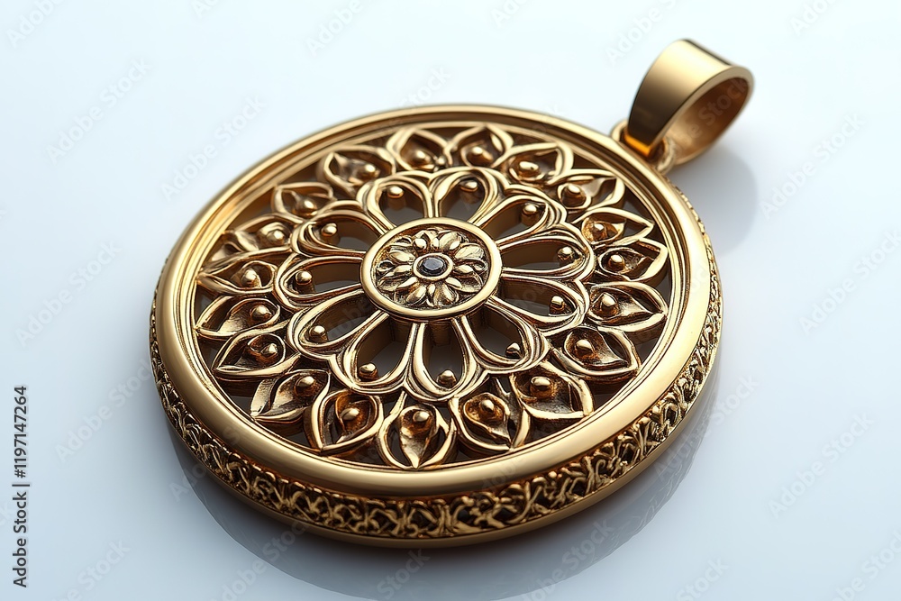 Intricate gold pendant with ornate circular design and central gemstone. Intricate gold pendant with ornate circular design and central gemstone.