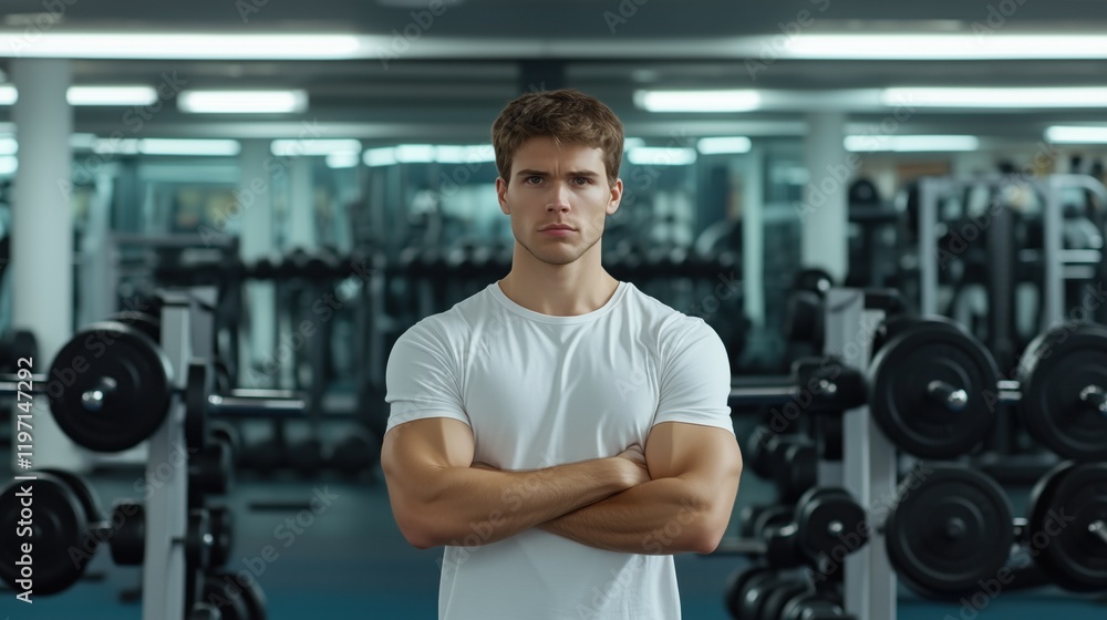 young man with an athletic build poses with arms crossed in a modern gym filled with various weights and fitness machines, showcasing a confident demeanor during a workout session young man with an athletic build poses with arms crossed in a modern gym filled with various weights and fitness machines, showcasing a confident demeanor during a workout session