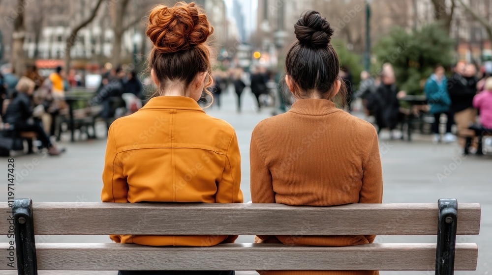 Fototapeta premium Two women sit on a park bench, enjoying each others company. They are surrounded by people and trees, with a vibrant city life in the background. atmosphere is lively and friendly