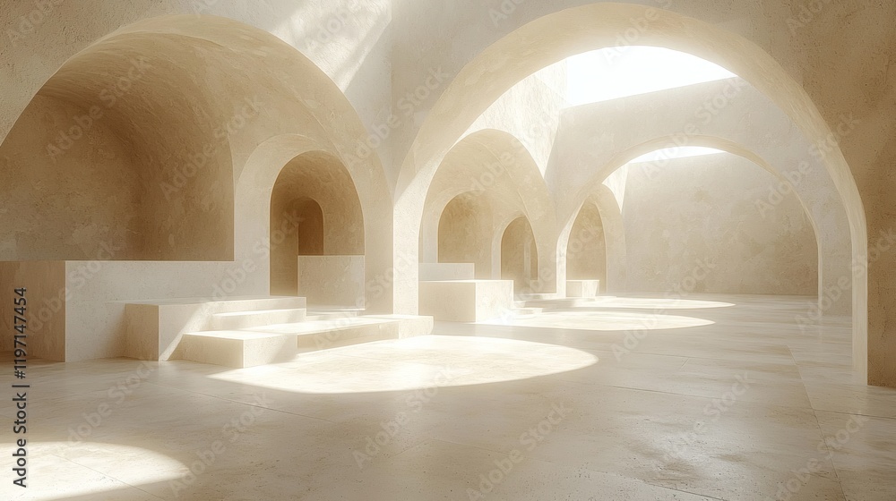 Fototapeta premium Sunlit Arches: A minimalist architectural masterpiece, characterized by a series of graceful arches bathing in the soft, ethereal glow of sunlight, evokes a sense of tranquility and ethereal beauty.