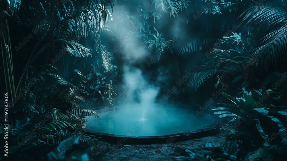 Fototapeta premium Hidden natural hot spring offers a serene escape surrounded by lush tropical foliage