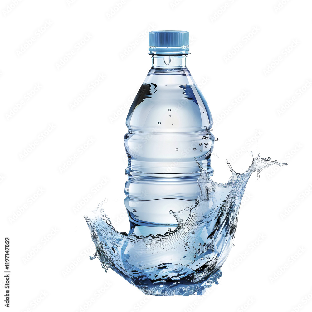 Refreshing splash with a mineral water bottle in focus isolated on transparent background - PNG Refreshing splash with a mineral water bottle in focus isolated on transparent background - PNG