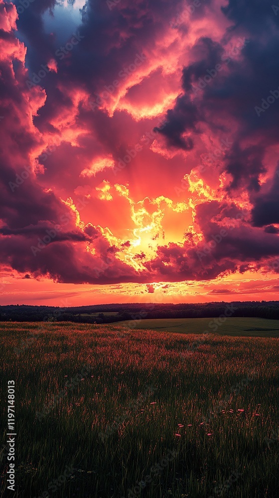 Fototapeta premium Fiery sunset over field, dramatic clouds. Nature background