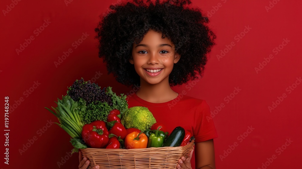 Young Girl Joyfully Holding a Basket Overflowing with Freshly Harvested Vegetables in a Lush Green Garden on a Bright Sunny Day Embracing Nature Young Girl Joyfully Holding a Basket Overflowing with Freshly Harvested Vegetables in a Lush Green Garden on a Bright Sunny Day Embracing Nature