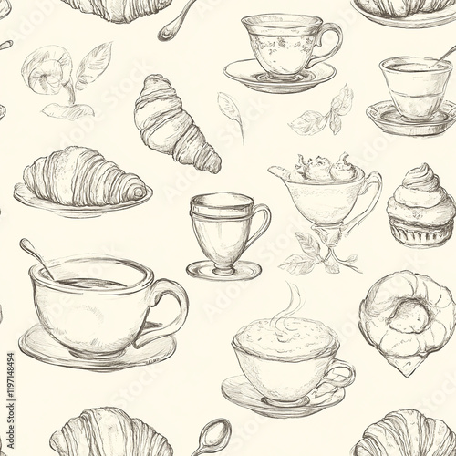 Texture pattern of croissants, cups, and desserts on a light background photo