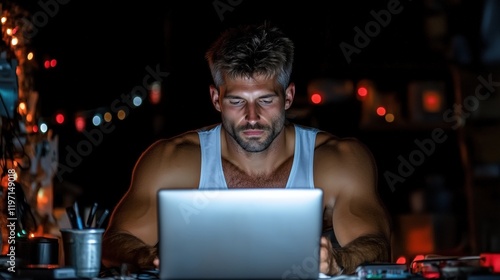 man with a muscular build sits intently at a laptop in a dim space adorned with colorful lights. atmosphere is relaxed, highlighting his concentration on the screen
