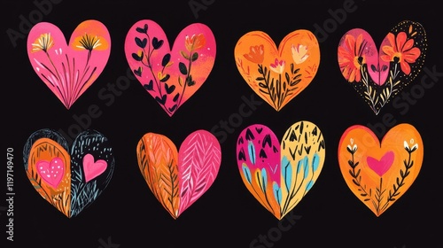 A set of colorful hearts with flowers and leaves