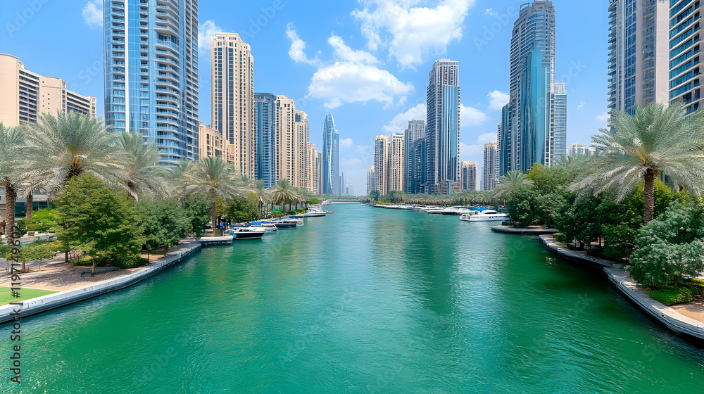 Obraz premium Vibrant Cityscape Photo: Canal, Skyscrapers, Palm Trees