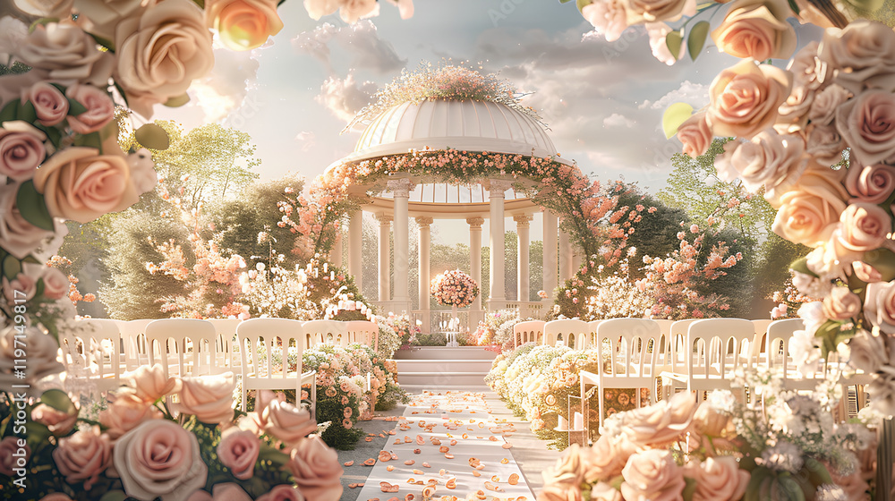 dreamy wedding ceremony decor with an elegant round gazebo surrounded by lush floral arrangements, white chairs, and soft pastel pink roses in full bloom. dreamy wedding ceremony decor with an elegant round gazebo surrounded by lush floral arrangements, white chairs, and soft pastel pink roses in full bloom.