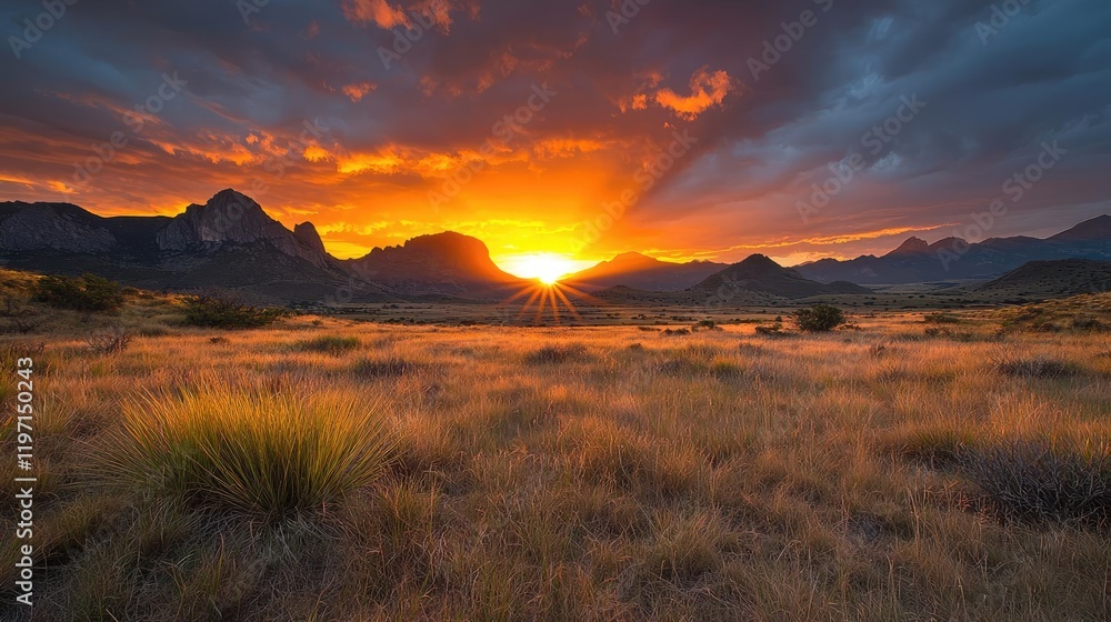 Obraz premium Dramatic sunset over desert mountains and plains. Use Travel/tourism promotion