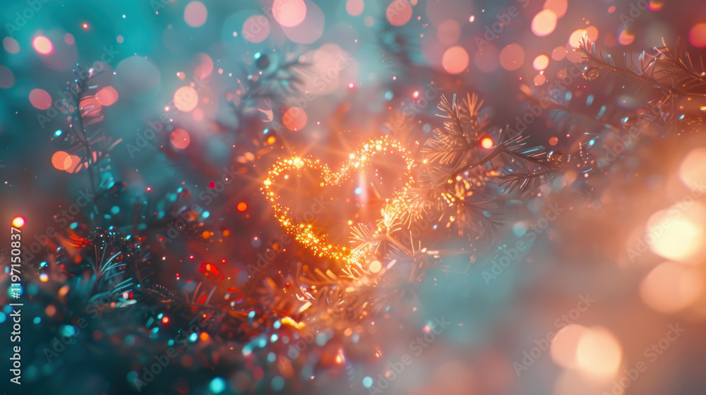 Colorful bokeh lights create heart shape among shimmering branches, evoking warm and festive atmosphere. Perfect for holiday themes and romantic occasions Colorful bokeh lights create heart shape among shimmering branches, evoking warm and festive atmosphere. Perfect for holiday themes and romantic occasions