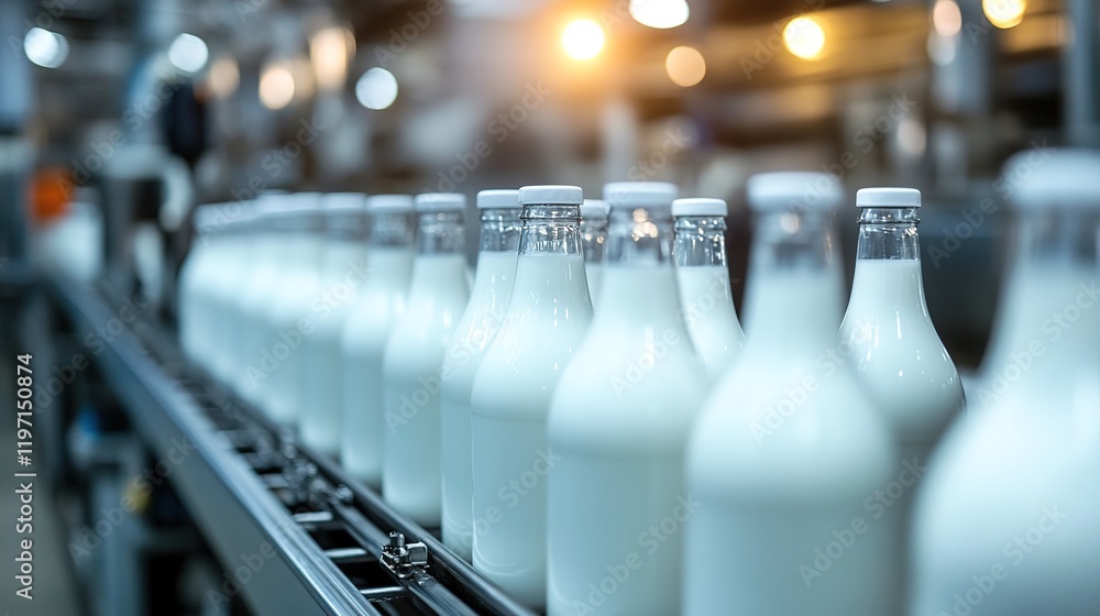 The inner workings of a dairy processing plant, with milk bottles on the conveyor. The inner workings of a dairy processing plant, with milk bottles on the conveyor.