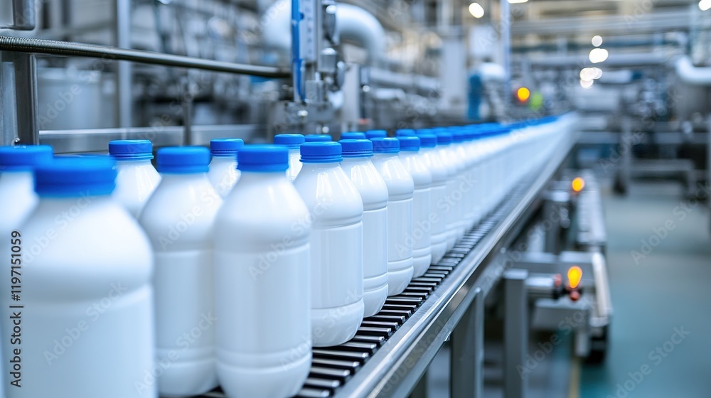 The inner workings of a dairy processing plant, with milk bottles on the conveyor. The inner workings of a dairy processing plant, with milk bottles on the conveyor.
