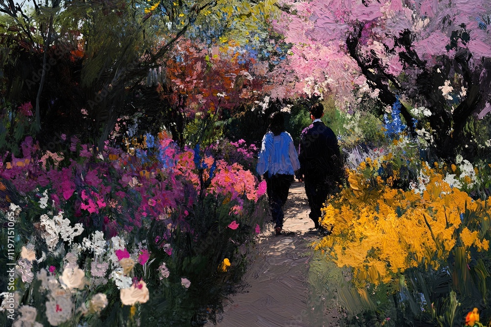 Spring Stroll in a Vibrant Garden: A romantic couple strolls hand-in-hand along a sun-dappled path, surrounded by a breathtaking array of colorful blossoms in full bloom. Spring Stroll in a Vibrant Garden: A romantic couple strolls hand-in-hand along a sun-dappled path, surrounded by a breathtaking array of colorful blossoms in full bloom.