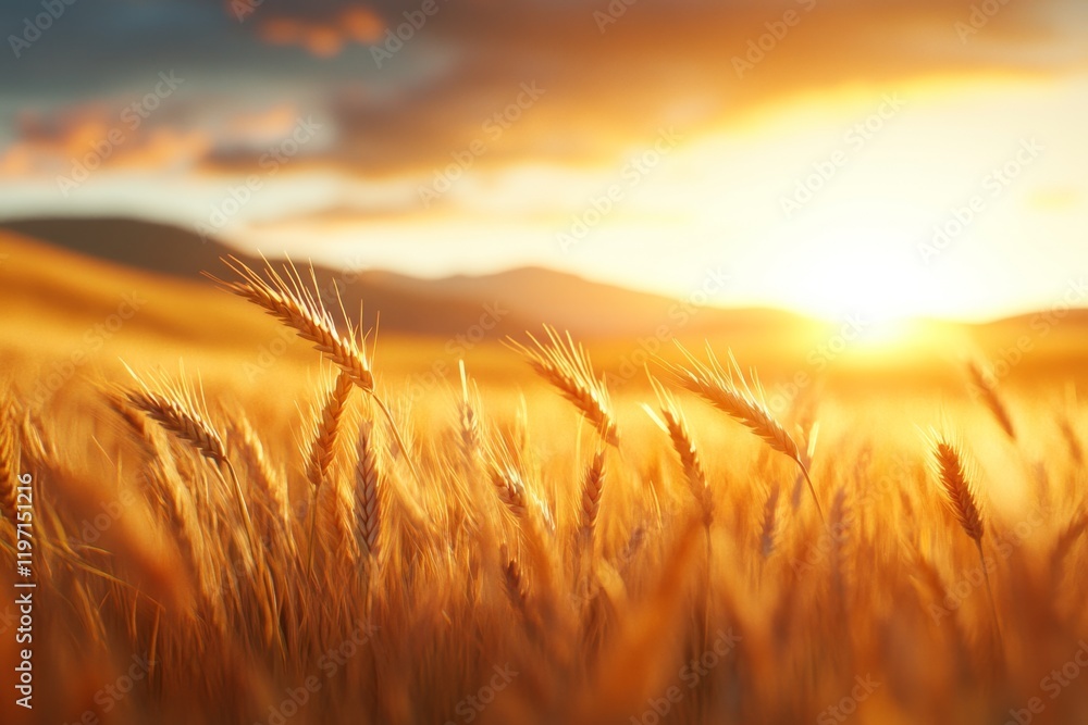 A 3D-rendered wheat field with dynamic lighting showing each stalk swaying in the breeze, with a dramatic sunset as the backdrop A 3D-rendered wheat field with dynamic lighting showing each stalk swaying in the breeze, with a dramatic sunset as the backdrop