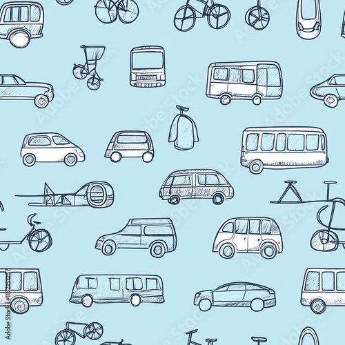 Texture pattern of cars, buses, bicycles, and vehicles on a blue background photo