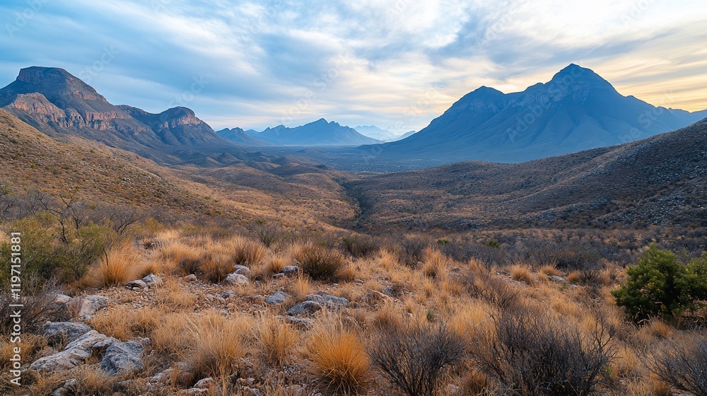 Desert valley sunset panorama, mountains background; nature wallpaper Desert valley sunset panorama, mountains background; nature wallpaper