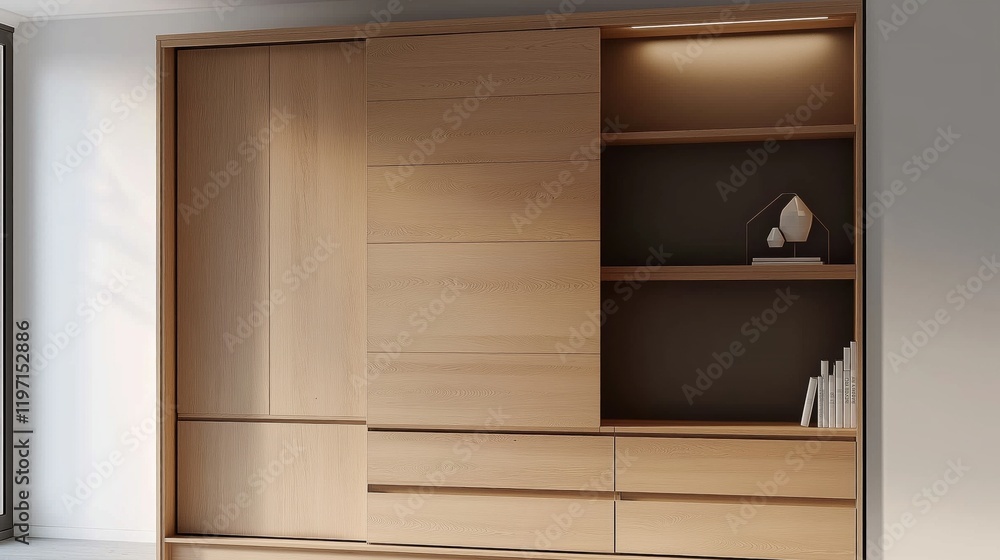 wardrobe with sliding doors and three drawers, ample space for, oak-colored with sliding doors and three drawers on the right side.modern furniture and decor. wardrobe with sliding doors and three drawers, ample space for, oak-colored with sliding doors and three drawers on the right side.modern furniture and decor.
