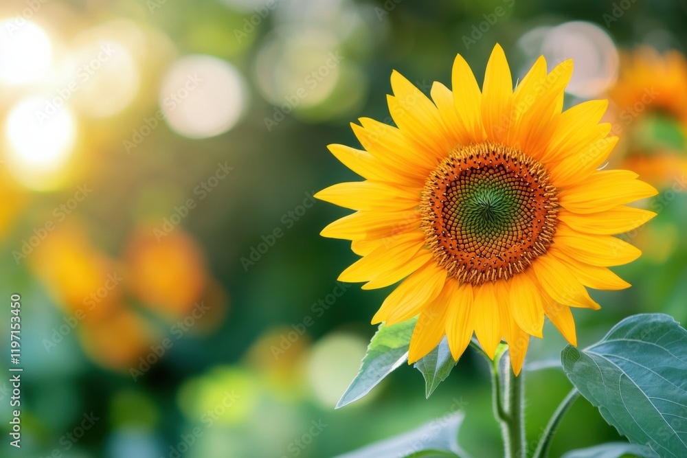 Obraz premium Vibrant sunflower blooming in a sunny garden setting with ample space for additional text creation. Generative AI