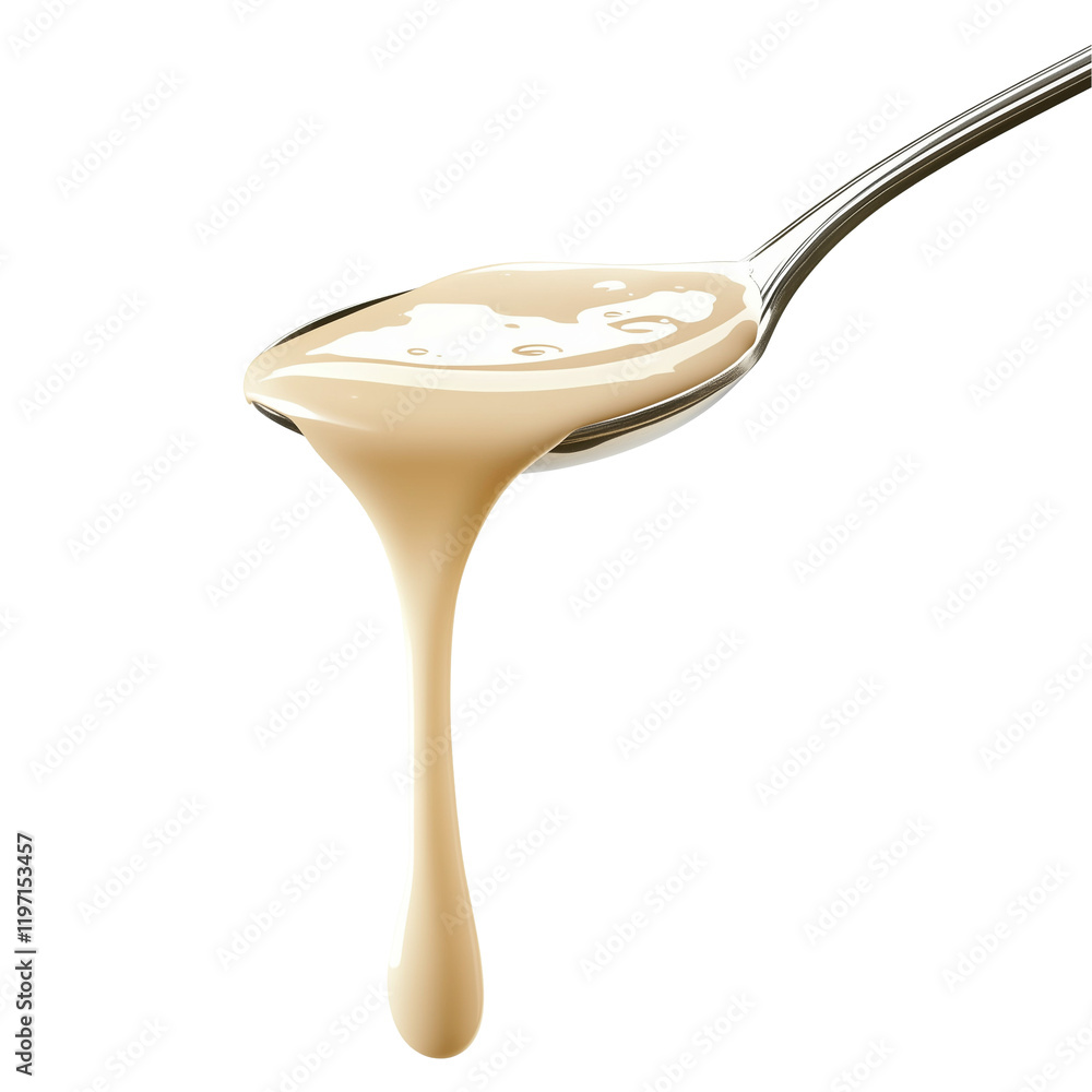 Condensed Milk Dripping from Spoon Isolated on White and Transparent Background Condensed Milk Dripping from Spoon Isolated on White and Transparent Background
