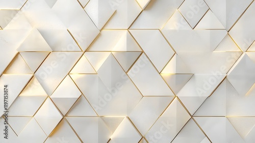 Fototapeta Naklejka Na Ścianę i Meble -  3D ceramic tile wall in subtle geometric patterns, with a soft sheen of matte white and gold accents.