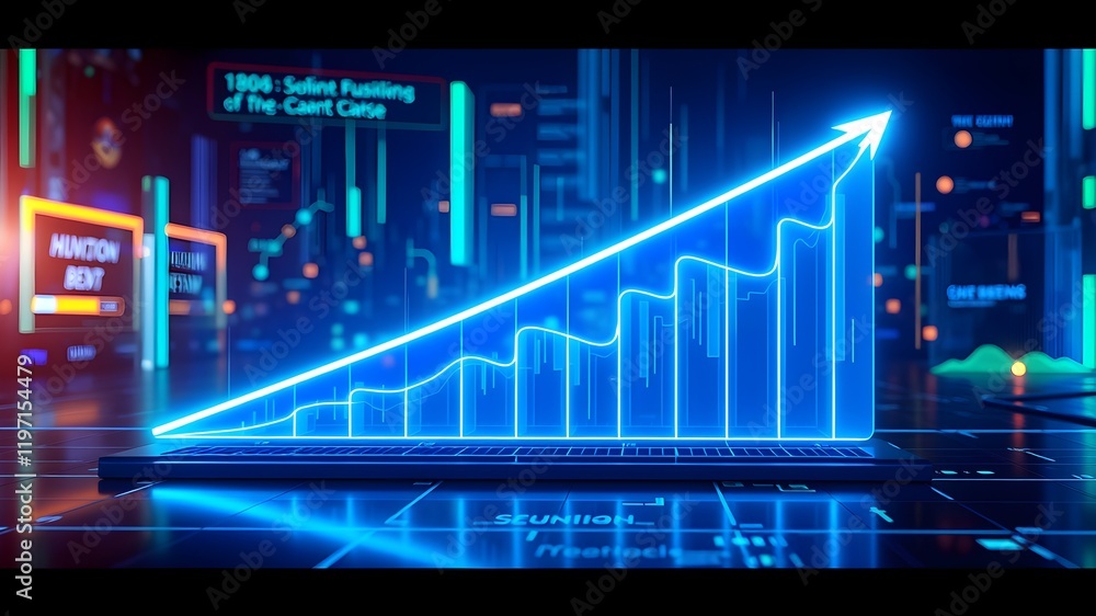 Naklejka premium Futuristic business growth chart with neon light trails