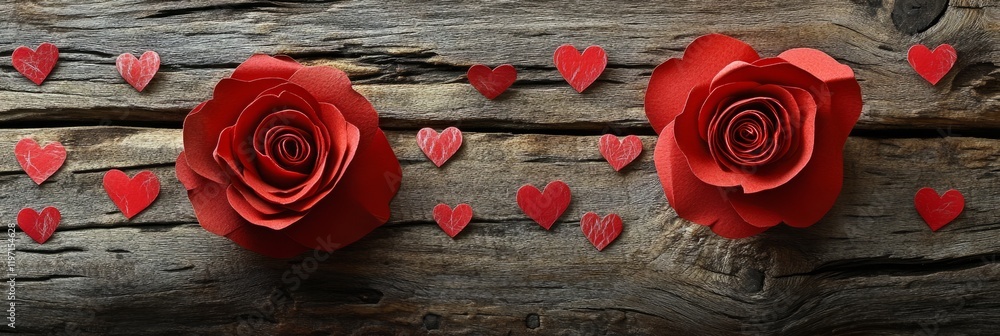 Valentine background with red rose flower and handmade paper hearts on rustic wood. Happy lovers day card mockup Valentine background with red rose flower and handmade paper hearts on rustic wood. Happy lovers day card mockup