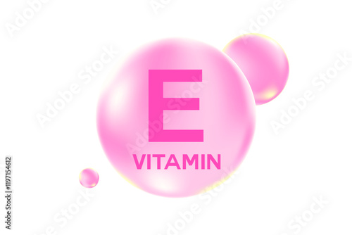 Vitamin E glowing 3D icon, molecule element or bubble isolated, transparent background. Fluid light pink flowing soft gel capsule, supplement skin products banner, presentation, infographic design