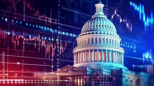 financial data government building. A digital representation of the U.S. Capitol building, overlaid with financial graphs, symbolizing the intersection of politics and economics.