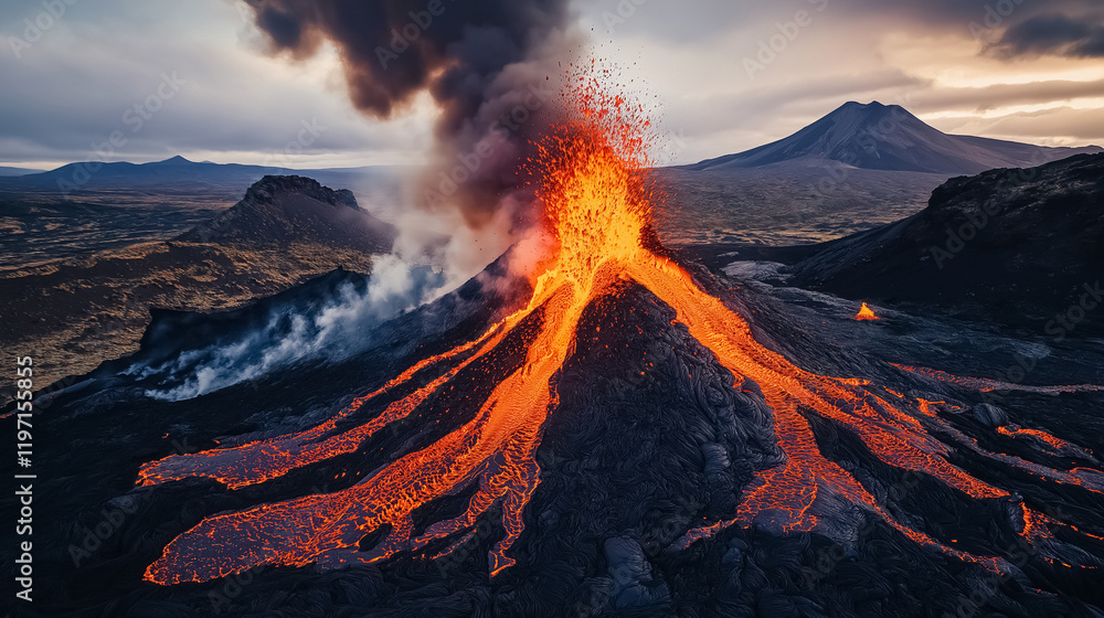 A powerful volcanic eruption with vibrant red and orange lava streaming from the volcano’s crater A powerful volcanic eruption with vibrant red and orange lava streaming from the volcano’s crater