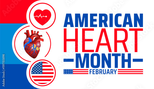 American Heart Month background banner or poster design template. observed every year in February. Holiday concept. Use to any Template, card, poster, placard, template.