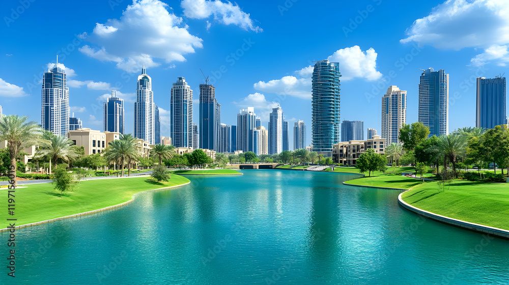 Naklejka premium Urban Oasis: Cityscape Lake View