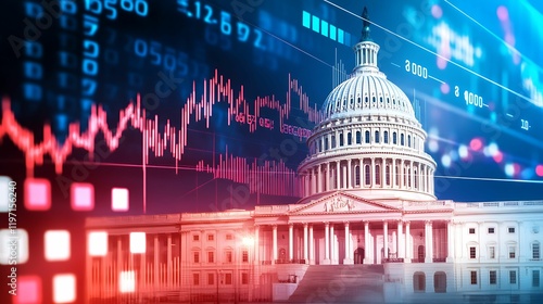 financial data government building. A digital blend of the U.S. Capitol building and financial data visuals, symbolizing the intersection of politics and economics.