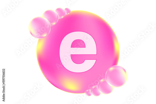Vitamin E glowing 3D icon, molecule element or bubble isolated, transparent background. Fluid light pink flowing soft gel capsule, supplement skin products banner, presentation, infographic design