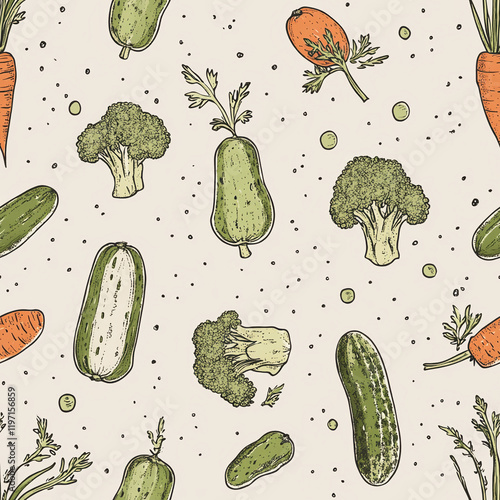 Vegetable texture pattern featuring carrots, cucumbers, zucchini, and broccoli photo