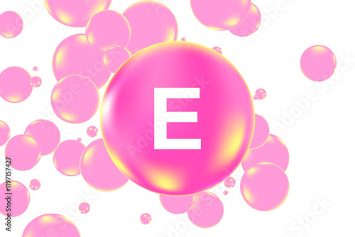 Vitamin E glowing 3D pink molecule element or bubble isolated, transparent background, fluid flowing bubble fizz, beauty supplement, nutrition products banner, presentation, infographic design