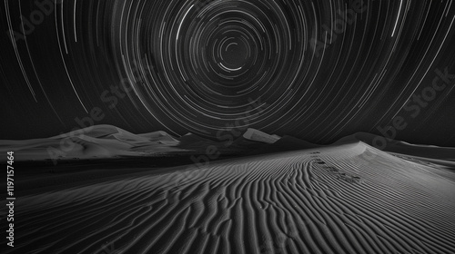 A dramatic star trail composition over the dunes of the Rub’ al Khali desert, with circular light patterns framing the rippled sand under a glowing night sky photo